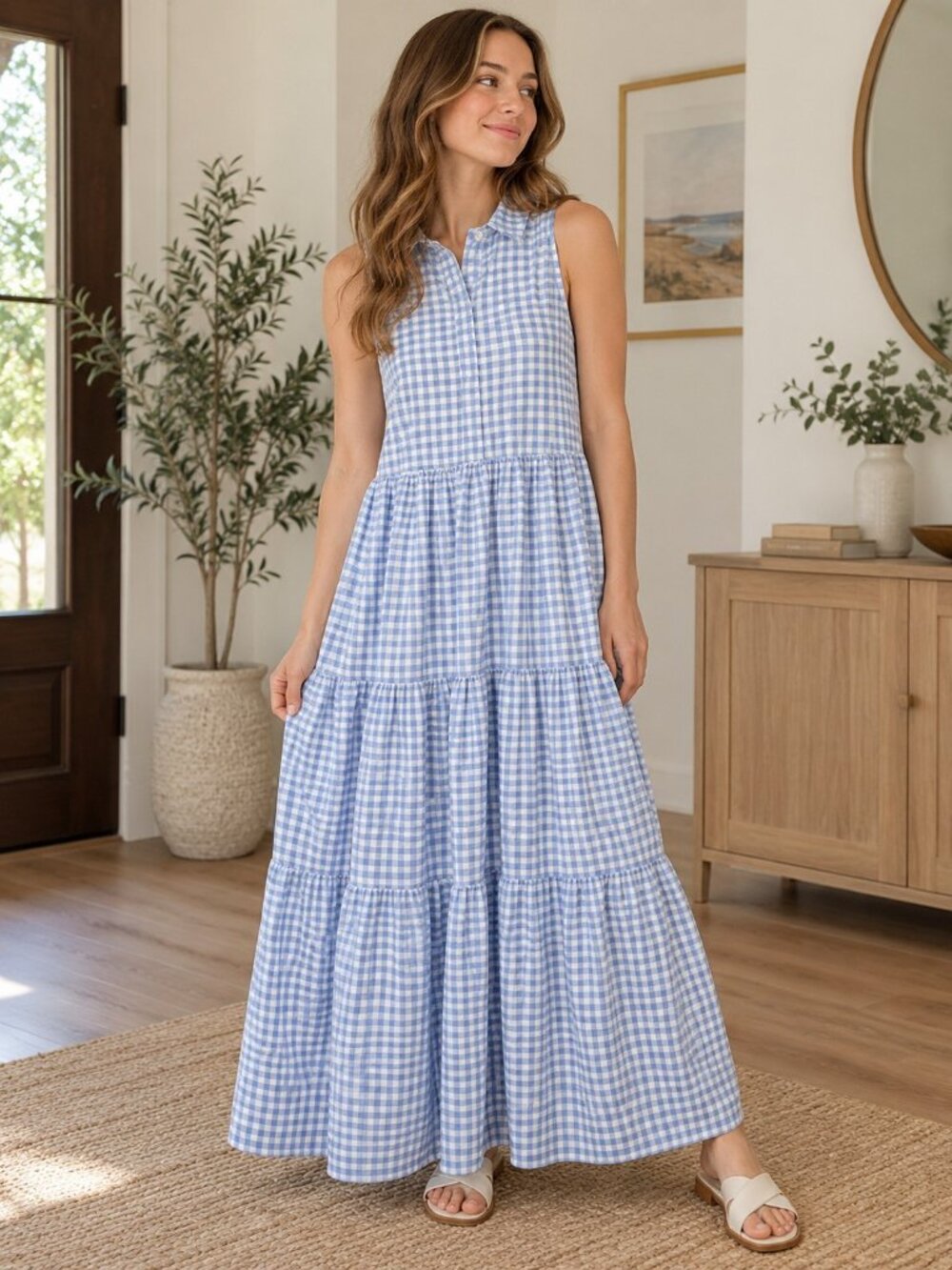 En Saison Format Blue Gingham Sleeveless Women's Maxi Dress Size XS